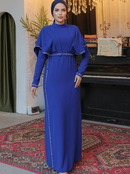 Lotus Krep Abiye Elbise Saks Mavisi