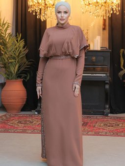 Lotus Krep Abiye Elbise Taba