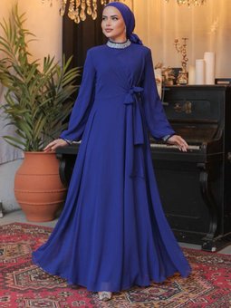 Papya Şifon Abiye Elbise Saks Mavisi