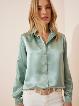 Çağla Yeşili Hafif Dökümlü Saten Yüzeyli Gömlek Dd00990