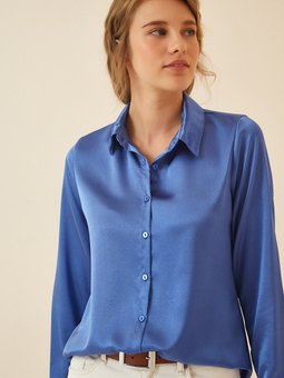 Canlı Mavi Hafif Dökümlü Saten Yüzeyli Gömlek Dd00990