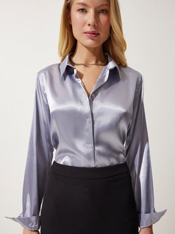 Gri Hafif Dökümlü Saten Yüzeyli Gömlek Dd00990