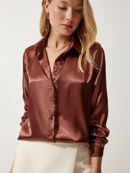 Kahverengi Hafif Dökümlü Saten Yüzeyli Gömlek Dd00990