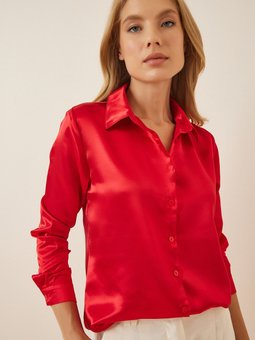 Kırmızı Hafif Dökümlü Saten Yüzeyli Gömlek Dd00990