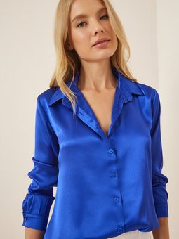 Kobalt Mavi Hafif Dökümlü Saten Yüzeyli Gömlek Dd00990