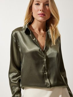 Koyu Haki Hafif Dökümlü Saten Yüzeyli Gömlek Dd00990