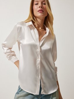 Krem Hafif Dökümlü Saten Yüzeyli Gömlek Dd00990