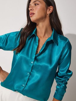 Petrol Mavisi Hafif Dökümlü Saten Yüzeyli Gömlek Dd00990
