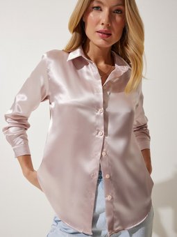 Pudra Hafif Dökümlü Saten Yüzeyli Gömlek Dd00990