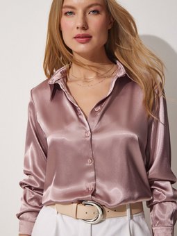 Şampanya Hafif Dökümlü Saten Yüzeyli Gömlek Dd00990