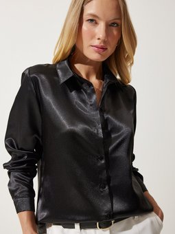 Siyah Hafif Dökümlü Saten Yüzeyli Gömlek Dd00990