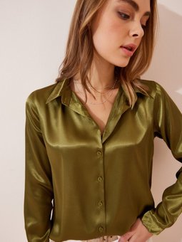 Yeşil Hafif Dökümlü Saten Yüzeyli Gömlek Dd00990