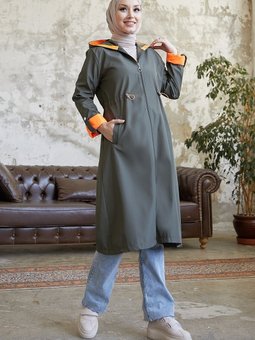 Beli Büzgülü Kapüşonlu Neon Trenç Haki \ Turuncu