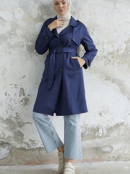 Minka Kuşaklı Scuba Süet Trenç Lacivert