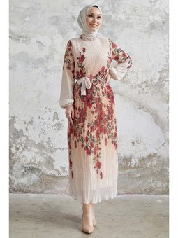 Rosie Gül Desenli Piliseli Şifon Kırmızı Elbise