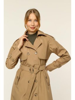 Çift Cepkenli Mevsimlik Bondit Kumaş Uzun Vizon Trençkot