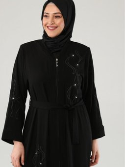 Nakışlı Taşlı Fermuarlı Ferace