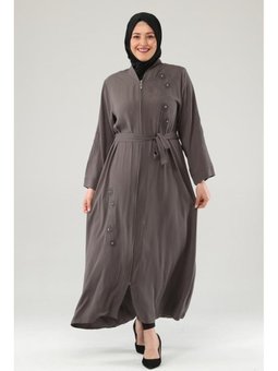 Nakışlı Taşlı Fermuarlı Vizon Ferace