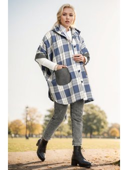 Kapüşonlu Ekose Desenli İndigo Panço