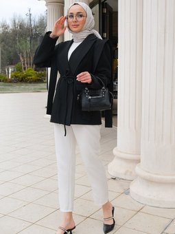 Bel Bağlamalı Omuz Vatkalı Blazer Ceket Siyah