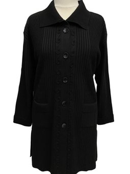 Büyük Beden Siyah Çelik Örgü Düğmeli Çift Cepli Uzun Anne Hırka Ceket