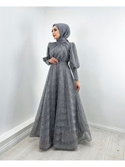 Kendinden Desenli Simli Dokuma Tül Abiye Elbise