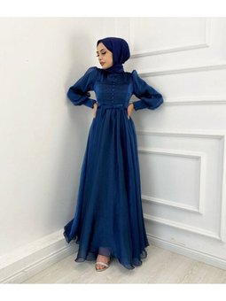 Tül Vintage Abiye Elbise Düğme Ve Bel Kemeri Detaylı Tasarım Moda Düğün Şıklığı –lacivert