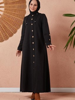 Önden Düğmeli Kapüşonlu Ferace 3096 Siyah