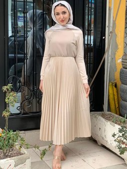 Bej Puane Pileli Uzun Etek
