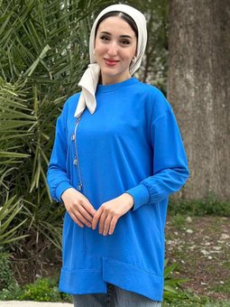 Mavi Puane Fermuarı Boncuklu Tunik