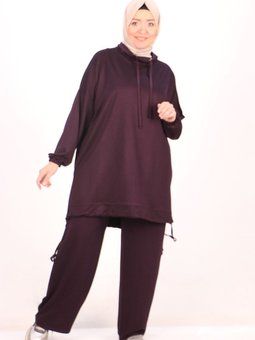 Mürdüm Büyük Beden Biyeli Kristal İki İplik Eşofman Takım