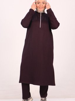 Mürdüm Büyük Beden Yarım Fermuarlı Kristal İki İplik Eşofman Takım