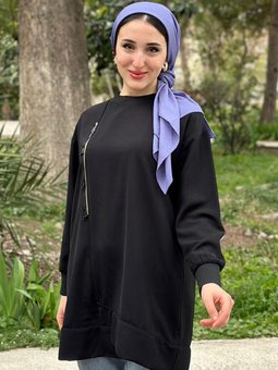 Siyah Puane Fermuarı Boncuklu Tunik