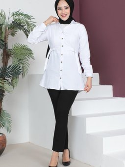 Belden Bağlamalı Düğmeli Gömlek Beyaz 6066