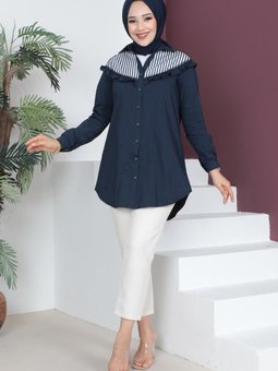 Fırfır Detaylı Uzun Gömlek Lacivert 6065