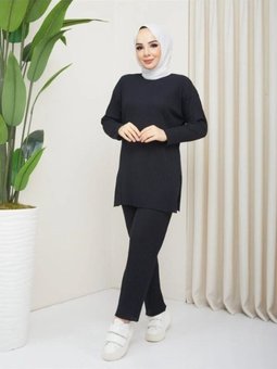 Siyah Yırtmaçlı Bluz Alt Palazzo Fitilli Takım Tkm