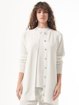 Merserize Çizgi Detay Düğmeli Hırka 1100 Ekru