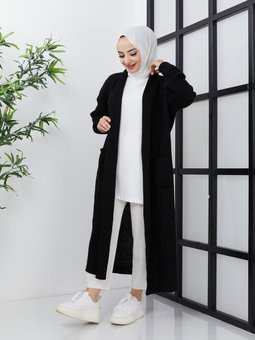 Siyah Örgü Desenli Cepli Triko Hırka