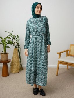 Çiçek Desenli Yeşil Elbise