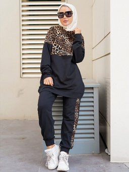 Leopar Detaylı İkili Eşofman Takımı Siyah