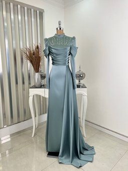 Mint Kuyruklu Drapeli Taş Detaylı Rüya Abiye Elbise