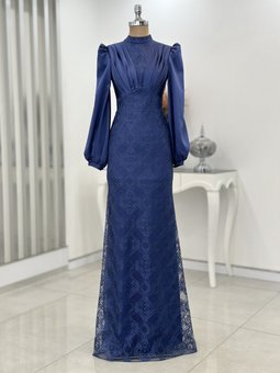 Nora Beli Korsajlı Kolu Valonlu Saten Drapeli Çiçek Desenli Dantel Abiye Elbise Dark İndigo