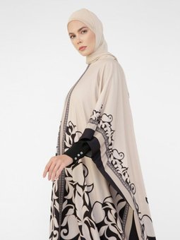 Çiçek Desenli Abiye Ferace Bej Siyah