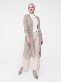 Düğmeli Örgü Detaylı Triko Hırka Vizon