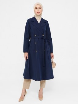 Pamuk Kumaşlı Kuşaklı Trençkot Lacivert