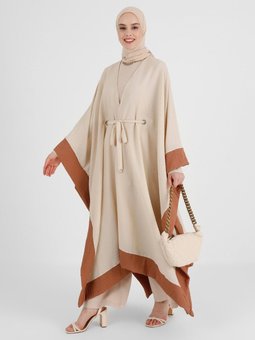 Renk Bloklu Kuşgözü Detaylı Ferace Koyu Bej