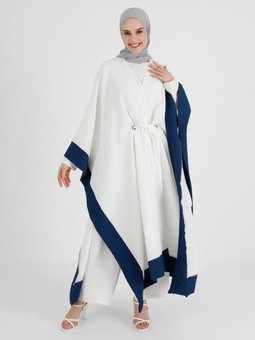 Renk Bloklu Kuşgözü Detaylı Ferace Off White Navy