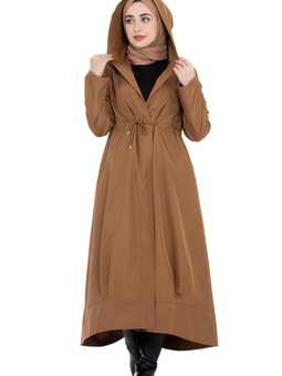 Kapüşonlu Eteği Volanlı Trençkot Taba