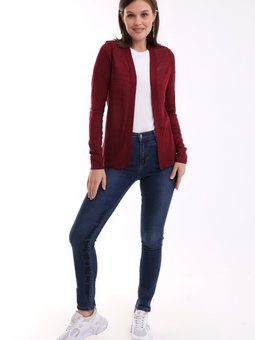 Bordo Bekletme Raporlu Etek Baslamalı Önü Açık Klasik Penye Hırka