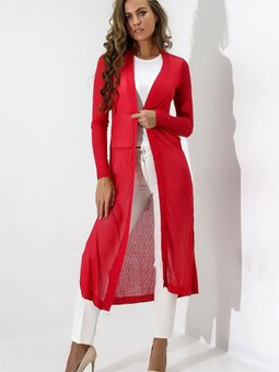 Mercan Uzun Kol Önü Açık Etek Kenarları Yırtmaç Detaylı Örme Penye Hırka Kaftan & Hicab